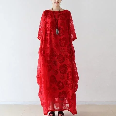 2024 spring red dresses maxi blossing roses chiffon caftans cotton inside layer