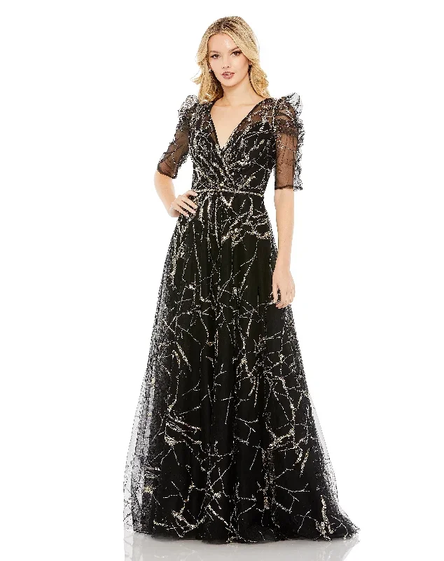 Embellished Gathered Puff Sleeve Faux Wrap Gown