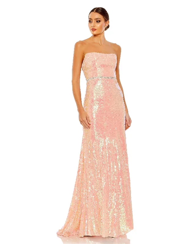 Sequined Strapless Rhinestone Belt Gown