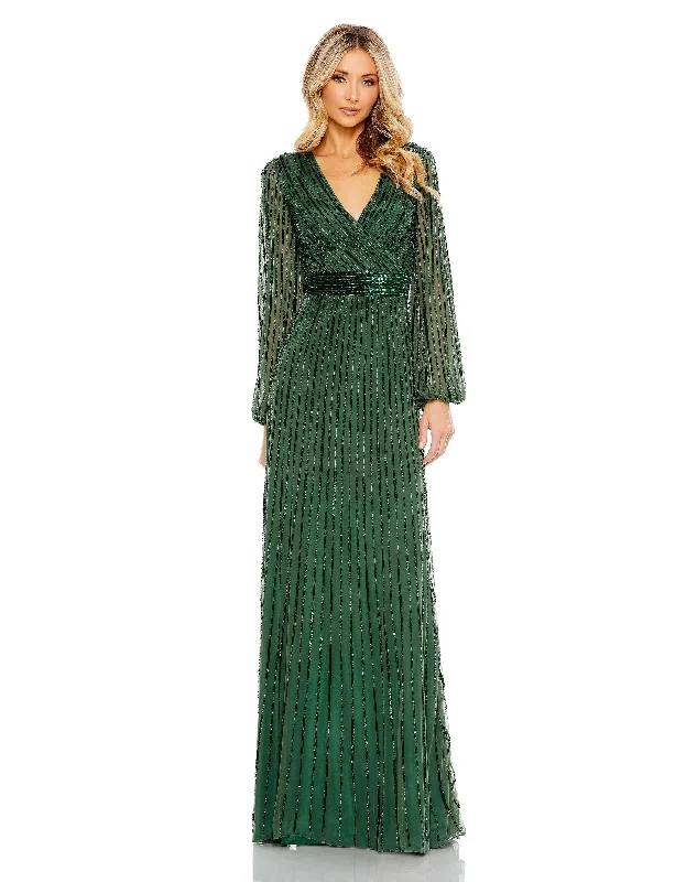 Sequined Wrap Over Puff Sleeve Gown