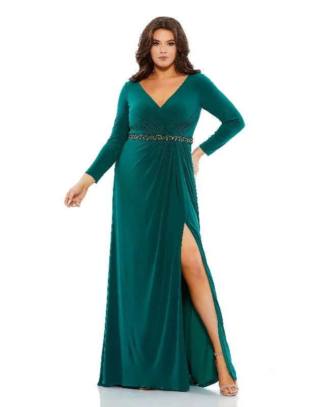 Beaded Belt Jersey Faux Wrap Long Sleeve Gown