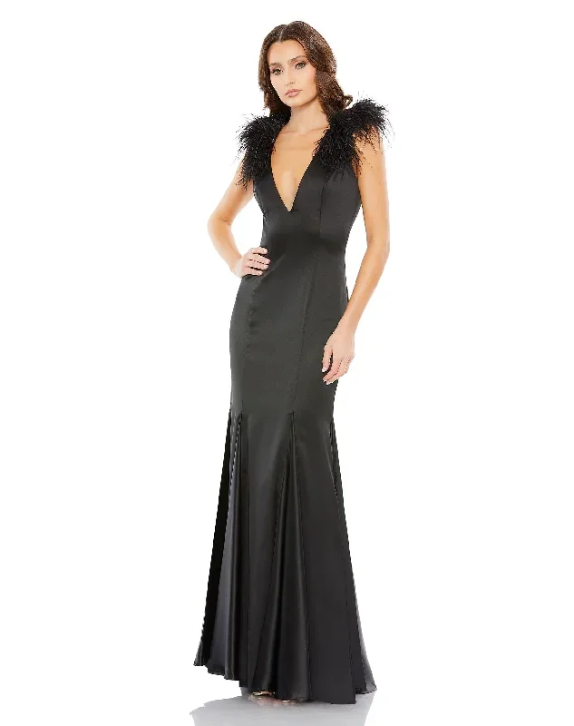 Feather Shoulder V-Neck Column Gown