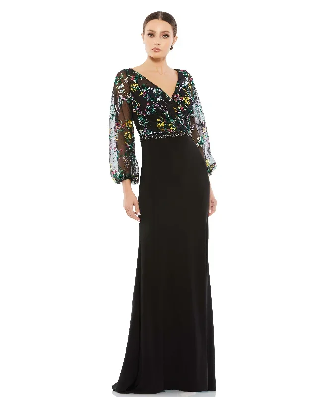 Embroidered Illusion Puff Sleeve Column Gown