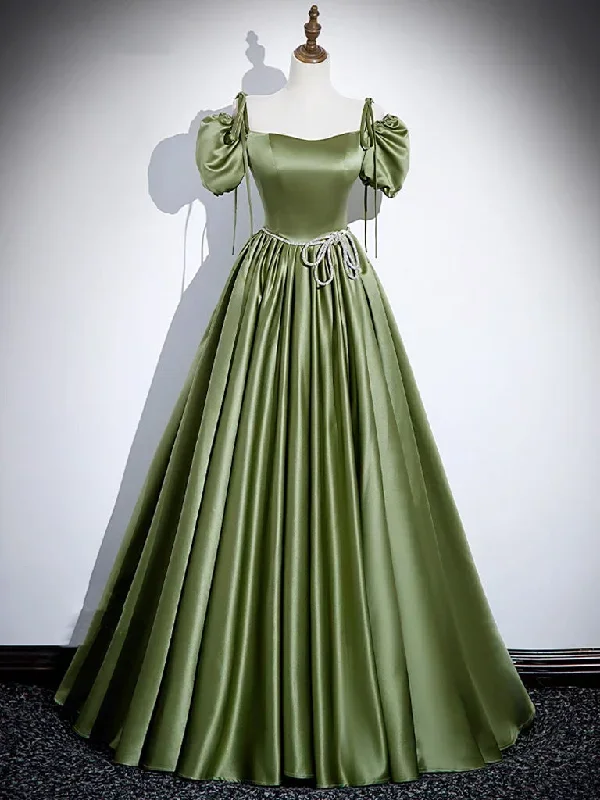 A-Line Satin Green Long Prom Dress, Green Formal Evening Dress