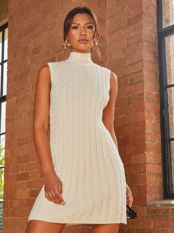 all-over-knitted-cable-high-neck-mini-dress-in-cream