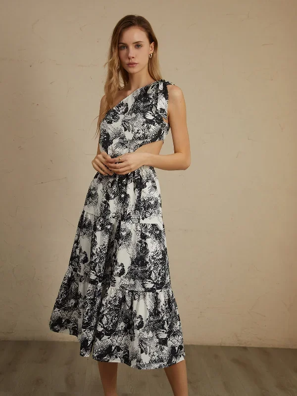 asymmetric-cutout-floral-print-midi-dress