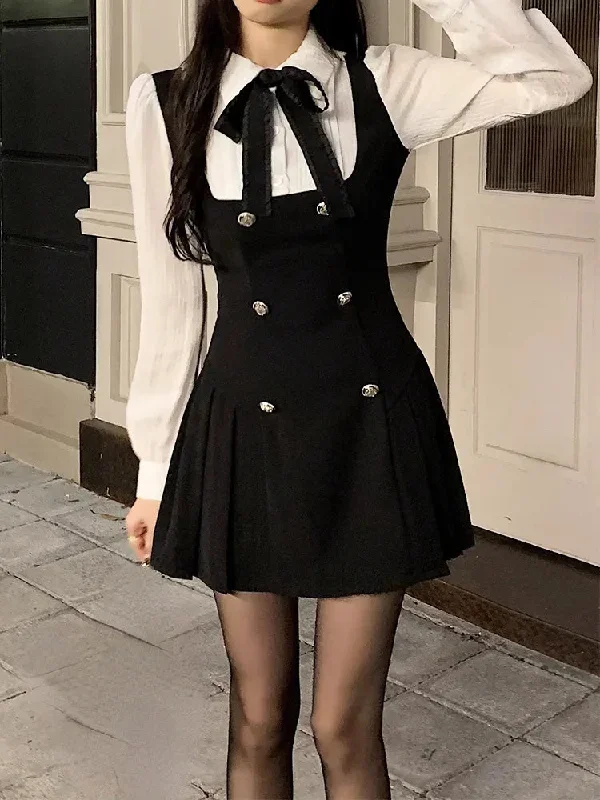 Autumn Fake Two Dress Women Slim Chic Long Sleeve Bow Casual Y2k Mini Dress Female Korean Fashion Elegant Short Party Dress