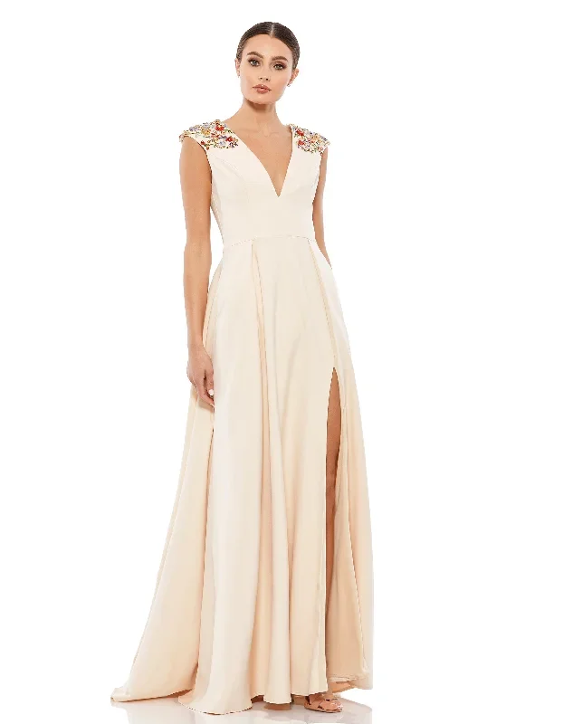 Beaded Cap Sleeve V Neck A Line Gown