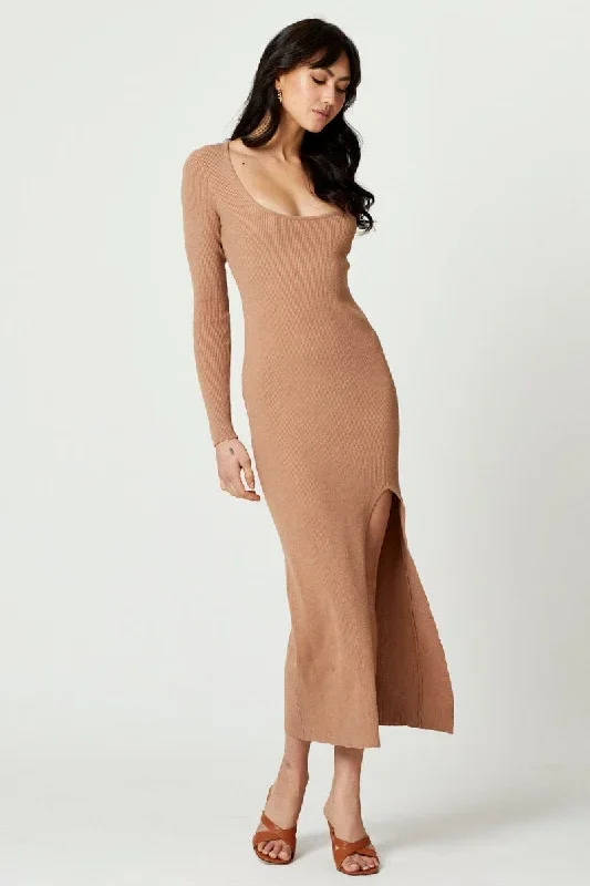 Beige High Split Knit Maxi Dress