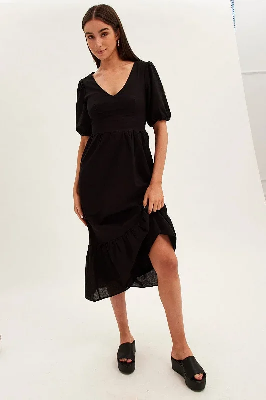 Black Maxi Dress V-Neck Short Sleeve Cotton Blend