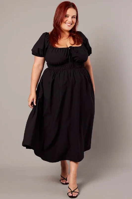 Black Midi Dress Short Sleeve Ruched Bust