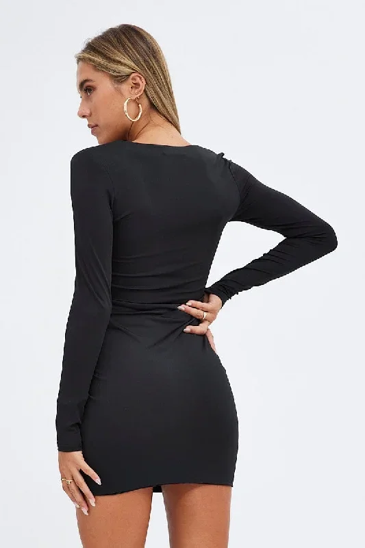 black-mini-dress-long-sleeve-v-neck-bodycon-ruched-waist-ed0197-47cb-1