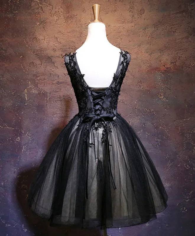 black-v-neck-lace-short-prom-dress-black-party-dress