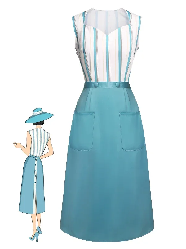 Blue 1950s Stripes Patchwork Pocketed Dress