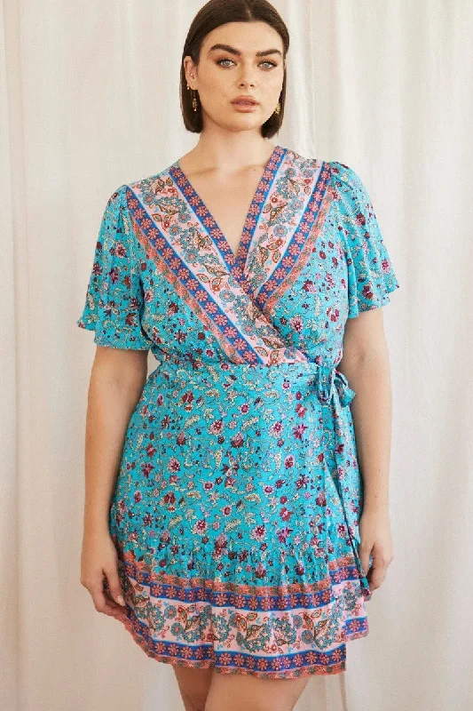 Blue Boho Wrap Dress Short Sleeve V Neck