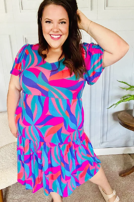 blue-fuchsia-geometric-print-v-neck-dress