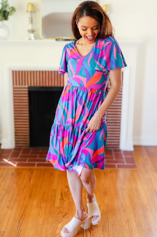 blue-fuchsia-geometric-print-v-neck-dress