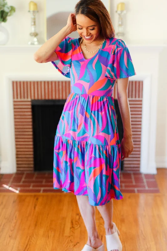 blue-fuchsia-geometric-print-v-neck-dress