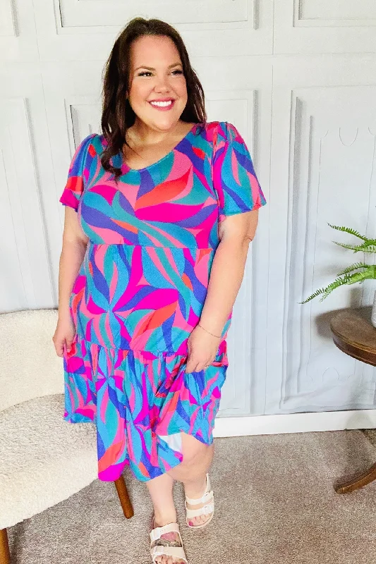 blue-fuchsia-geometric-print-v-neck-dress