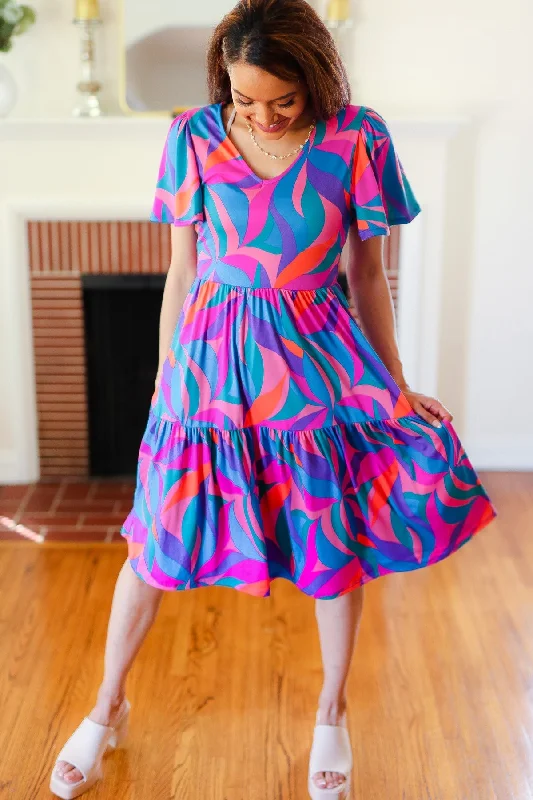 blue-fuchsia-geometric-print-v-neck-dress