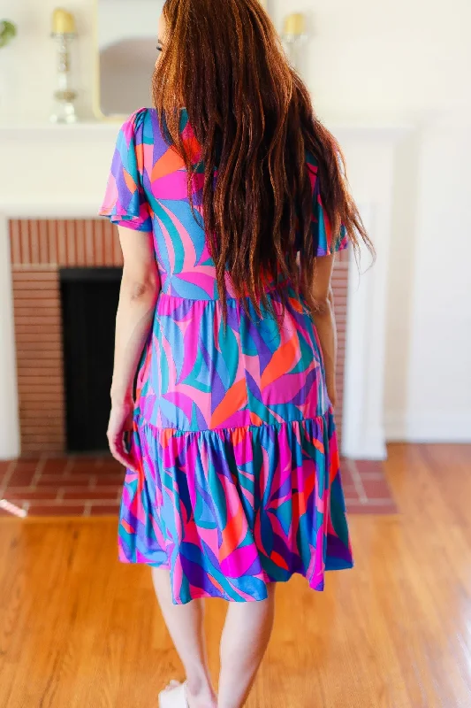 blue-fuchsia-geometric-print-v-neck-dress