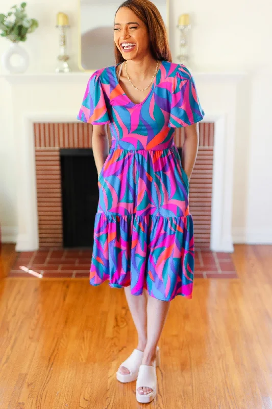 blue-fuchsia-geometric-print-v-neck-dress