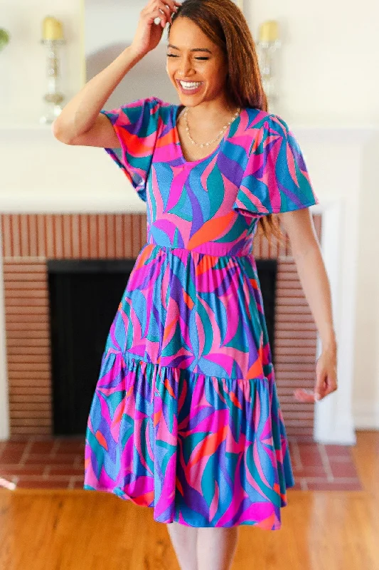 blue-fuchsia-geometric-print-v-neck-dress