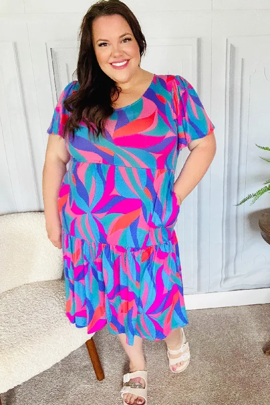 blue-fuchsia-geometric-print-v-neck-dress