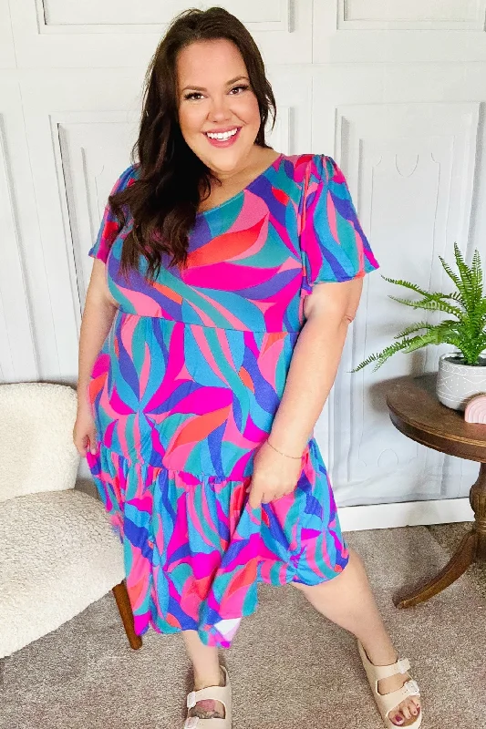 blue-fuchsia-geometric-print-v-neck-dress