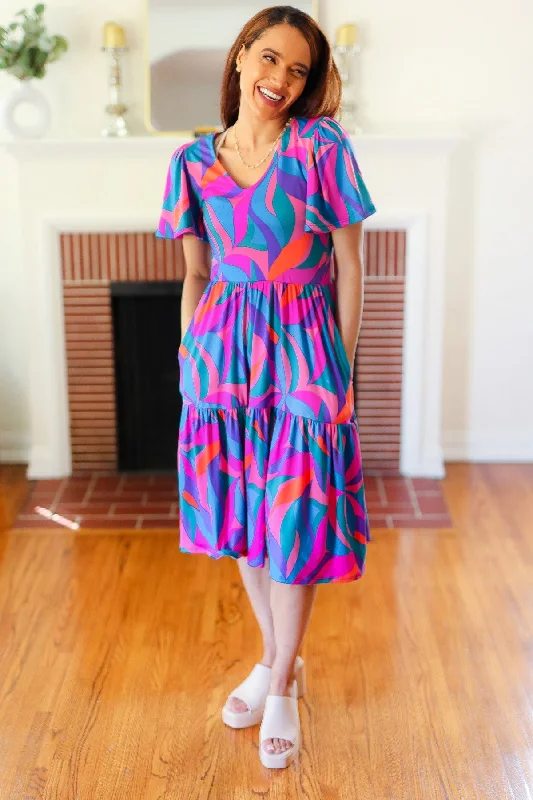 blue-fuchsia-geometric-print-v-neck-dress