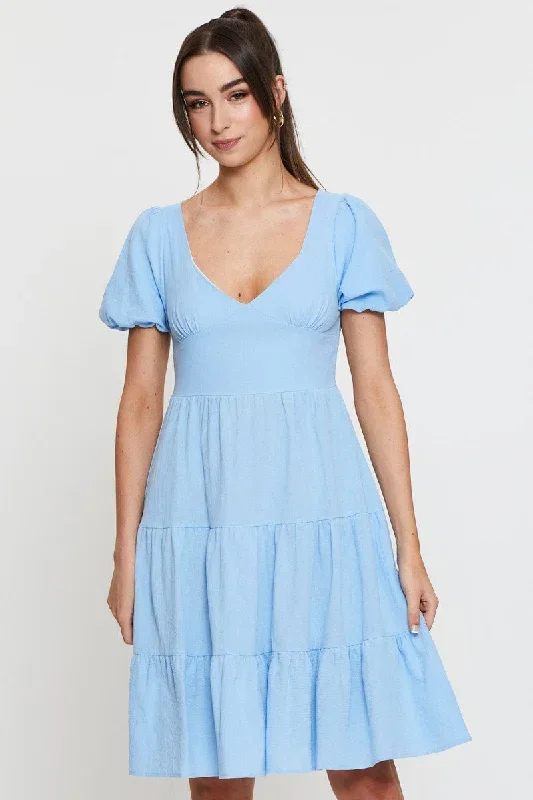 Blue Midi Dress Short Sleeve V Neck