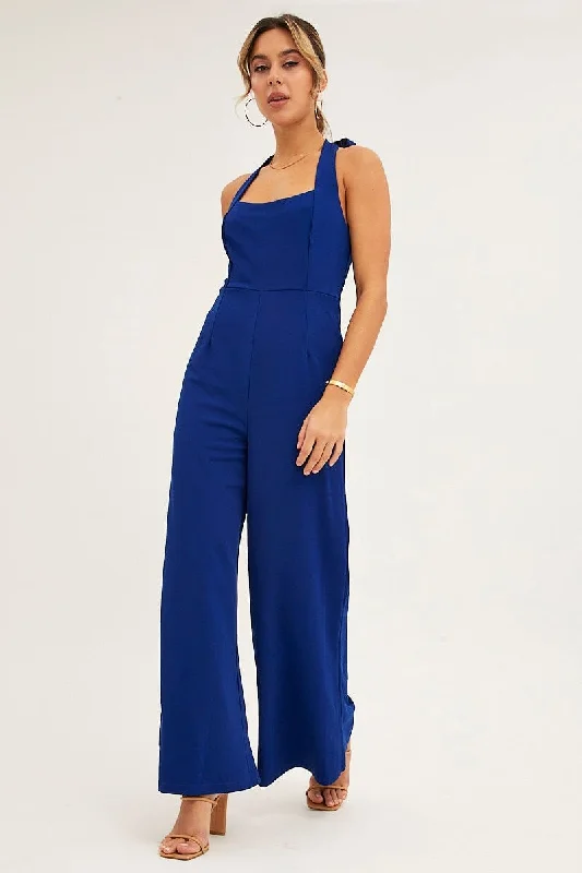 Blue Sleeveless Jumpsuit Wide Leg