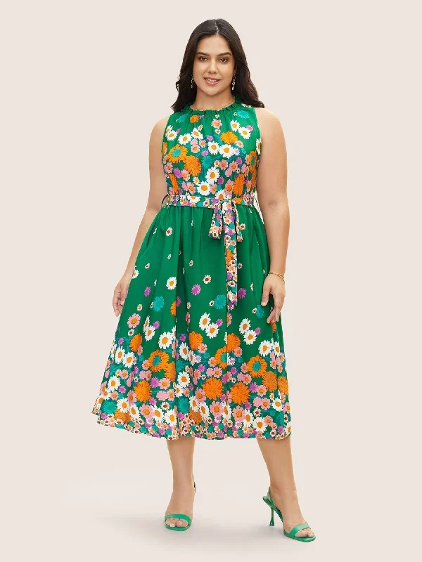 Boho Print Frill Trim Sleeveless Midi Dress