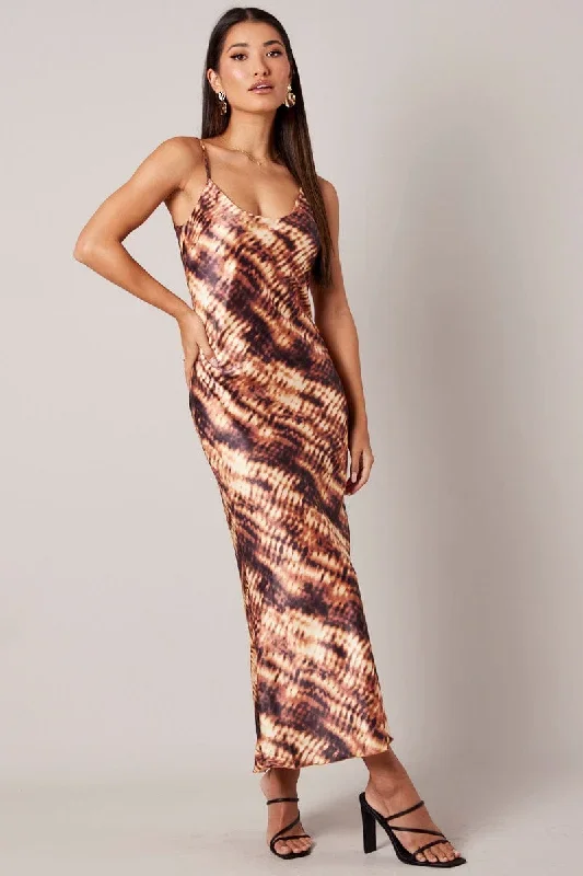 Brown Abstract Maxi Dress Strappy