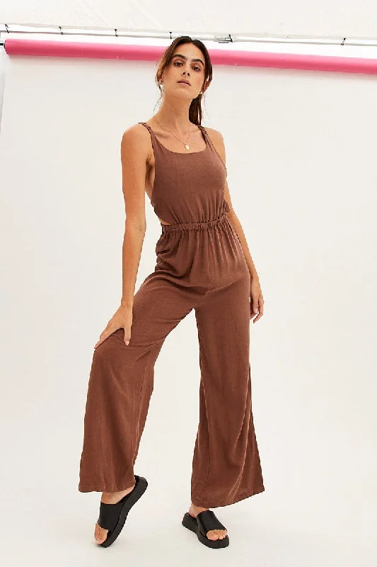 Brown Sleeveless Jumpsuit Wide Leg Viscose Linen