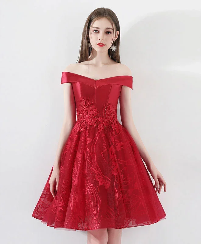 Burgundy Lace Tulle Short Prom Dress, Burgundy Homecoming Dress