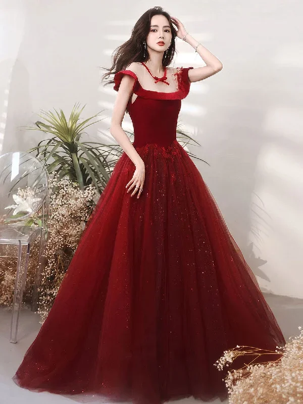 Burgundy Round Neck Tulle Lace Long Prom Dress, Burgundy Evening Dress