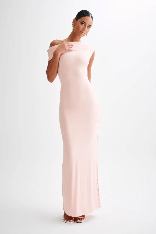 Cassandra Off Shoulder Slinky Maxi Dress - Pale Pink