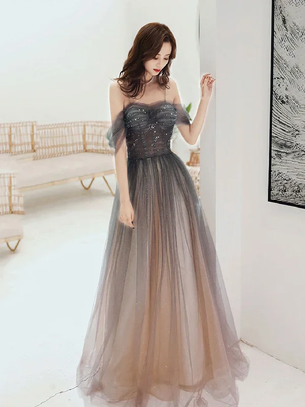 Brown A line Off Shoulder Tulle Long Prom Dress, Brown Graduation Dress