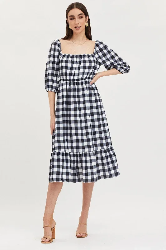 Check Midi Dress Puff Sleeve