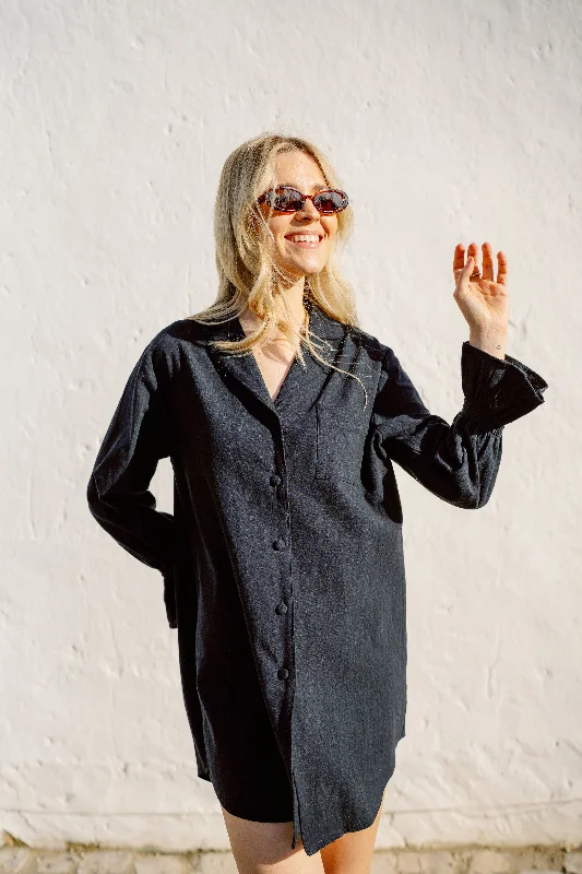 Ivy Cotton Boyfriend Shirt Dress - Black