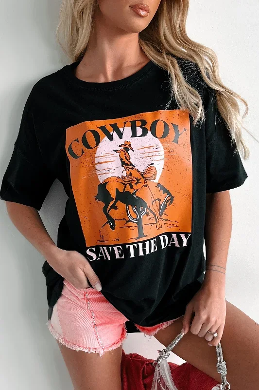 ""Cowboy Save The Day"" Oversized Graphic T-Shirt Dress (Black) - Print On Demand