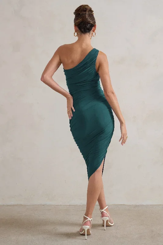 dorit-bottle-green-one-shoulder-asymmetric-ruched-midi-dress-cl129293047