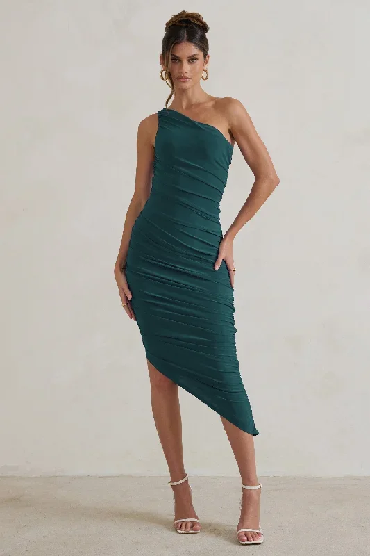 dorit-bottle-green-one-shoulder-asymmetric-ruched-midi-dress-cl129293047