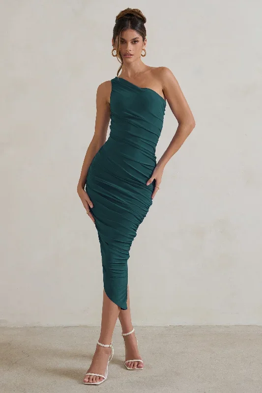 dorit-bottle-green-one-shoulder-asymmetric-ruched-midi-dress-cl129293047