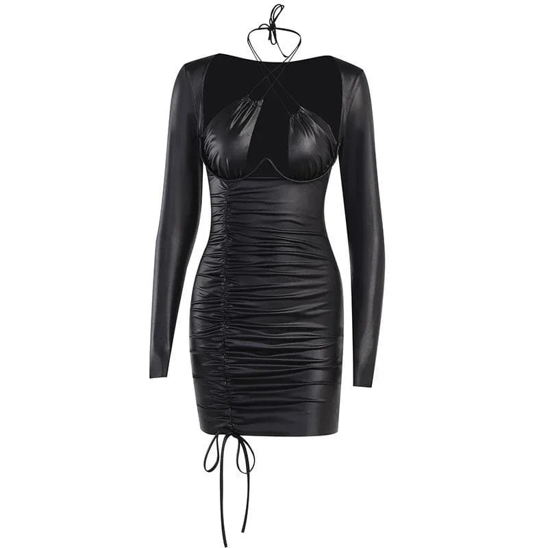 drawstring-solid-long-sleeve-cross-front-halter-low-cut-mini-dress