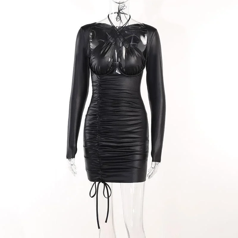 drawstring-solid-long-sleeve-cross-front-halter-low-cut-mini-dress