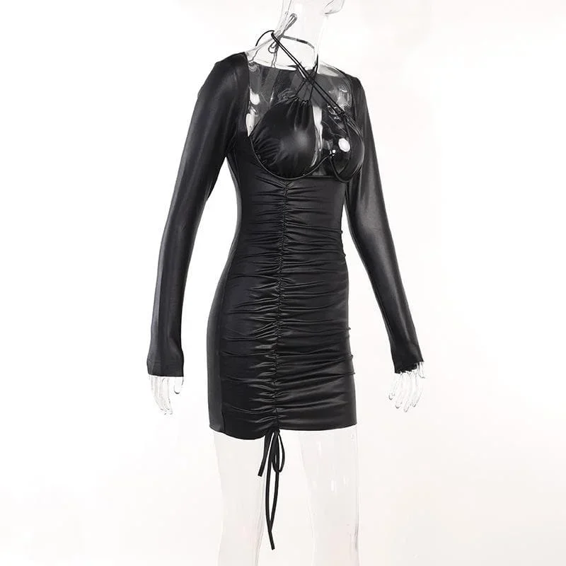 drawstring-solid-long-sleeve-cross-front-halter-low-cut-mini-dress