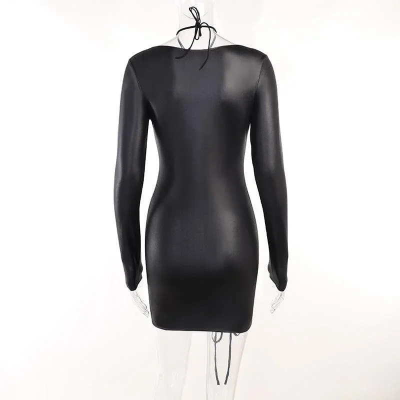 drawstring-solid-long-sleeve-cross-front-halter-low-cut-mini-dress