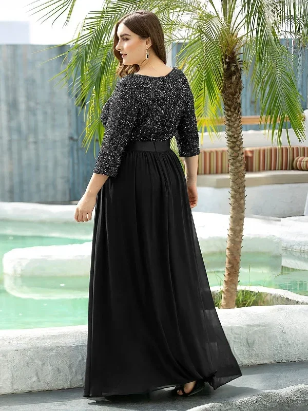 elegant-round-neckline-3-4-sleeve-sequins-patchwork-evening-dress-ep00683